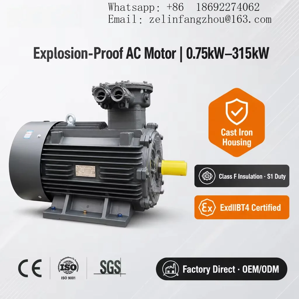 Flameproof Three Phase AC Motor ExdIIBT4 Cast Iron IP55 IE3 IE4 0.75kW-315kW Chemical Plant Heavy Duty Industrial