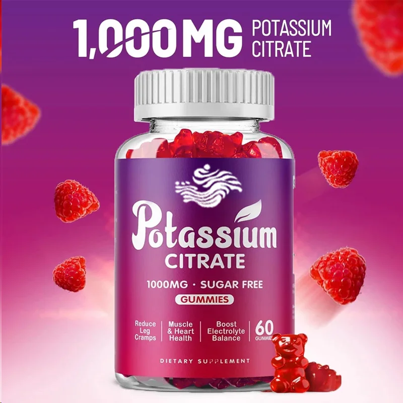 Potasium Citrate 1000mg Gummies, potasium suplemen untuk orang dewasa dan pria, mendukung penurun kaki dan otot, 60 Pills