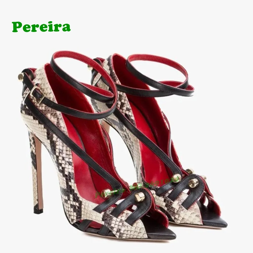 

Snakeskin Metal Decor Buckled Sandals Pointy Toe Stiletto Heels Women's Sandals 2025 New Arrival Splicing Runway Shoes Sexy