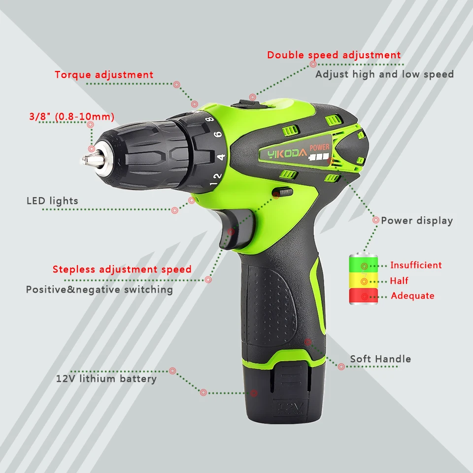 YIKODA 12V 16,8 V 21V Akku-bohrschrauber Elektrische Schraubendreher Lithium-ionen Batterie Zwei-Geschwindigkeit DIY fahrer Power Tools