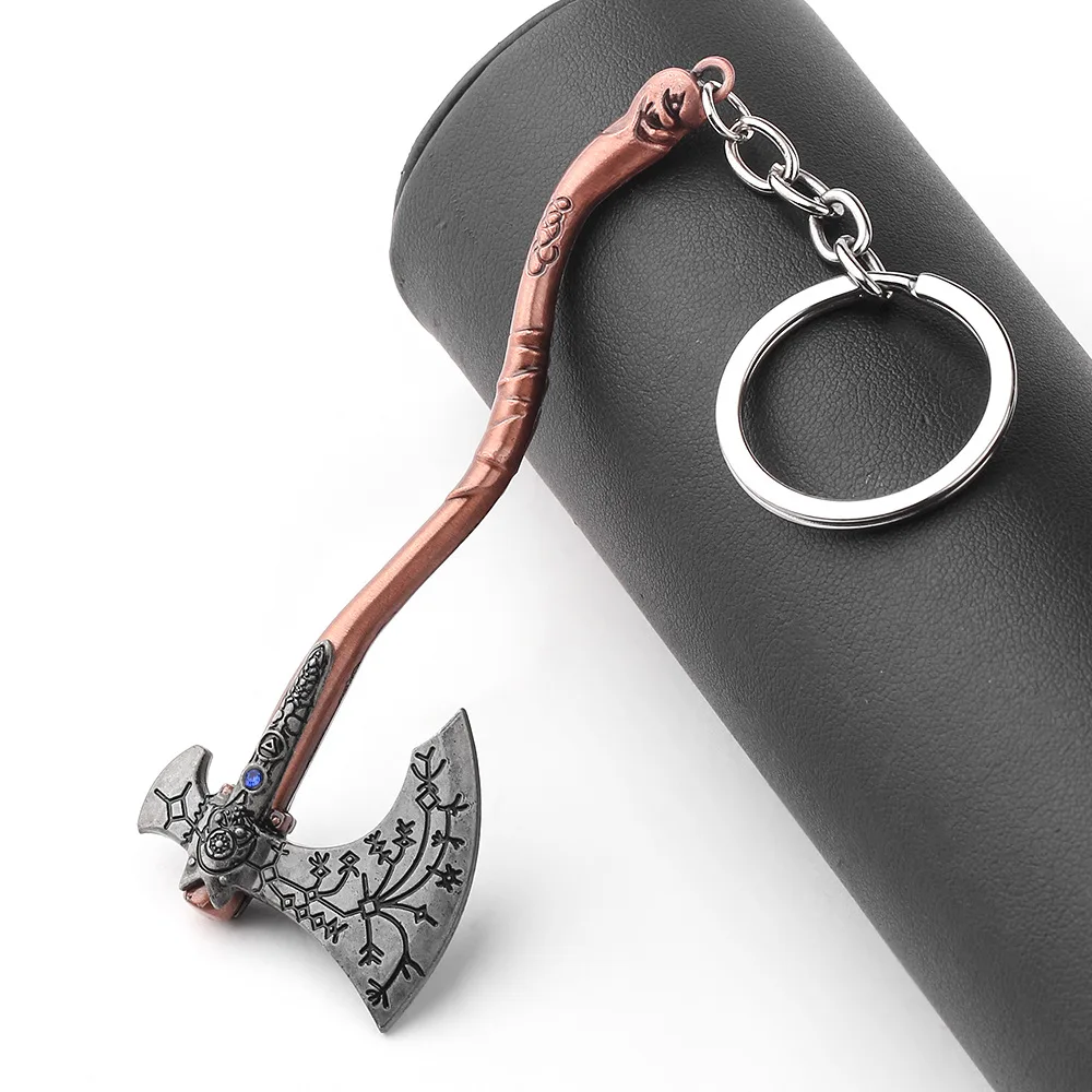 New Classic God Of War 4 Kratos Axe Keychains Exquisite Crystal Carved Axe Pendant Souvenir Accessories