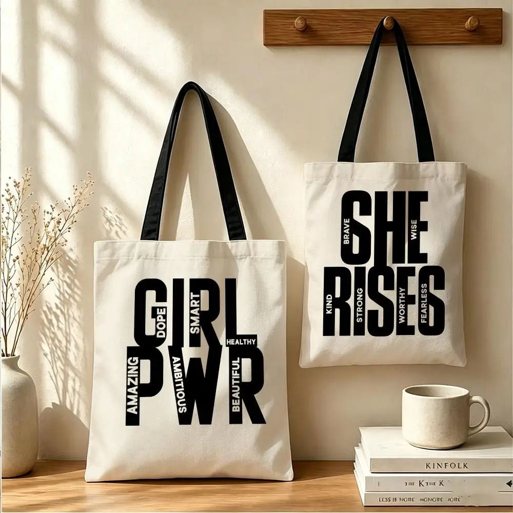 Empowered Girl Energy Storage Bags Large Capacity Canvas Tote Bag Reusable Shoulder Handbag for Daily Shopping Travel