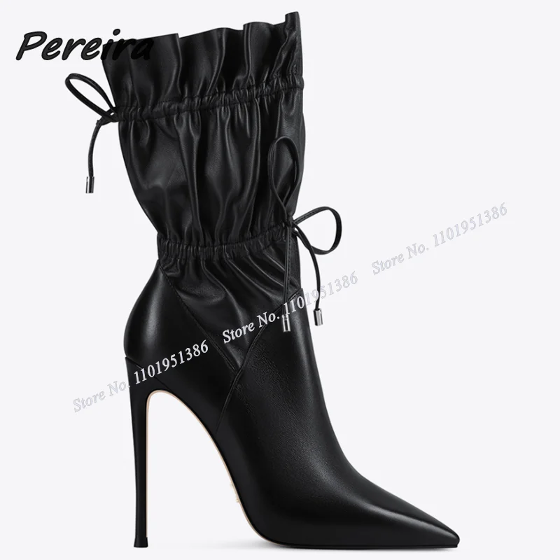 Pereira Black Lace up Elastic Band Ankle Boots Pleated Pointed Toe Stiletto Shoes for Women High Heels Winter Zapatillas Mujer