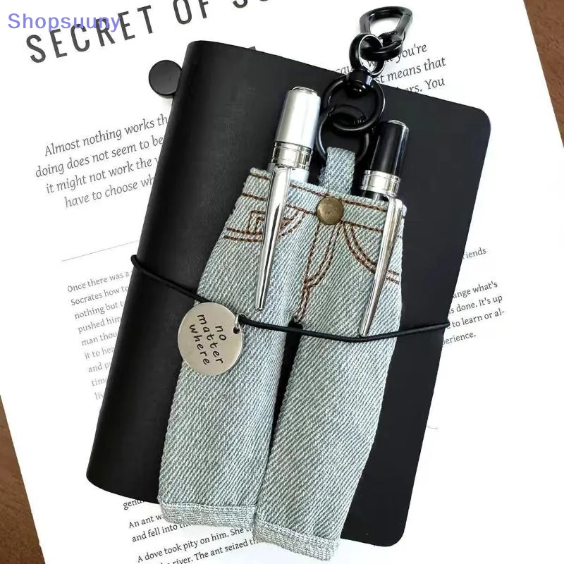 [SU]Vintage Mini Denim Pants Pen Holder Clip Cute Jeans Shape Pen Organizer Keyring Portable Fabric Stationery Bag Student Gift