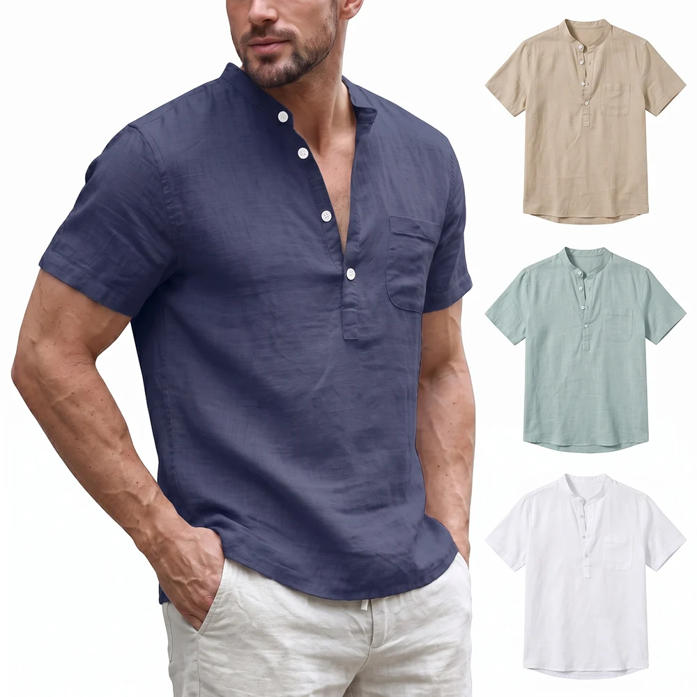 Men's Cotton Linen Henley Shirt Summer Short Sleeve Stand Collar Casual Solid Shirts Loose Breathable Beach Top