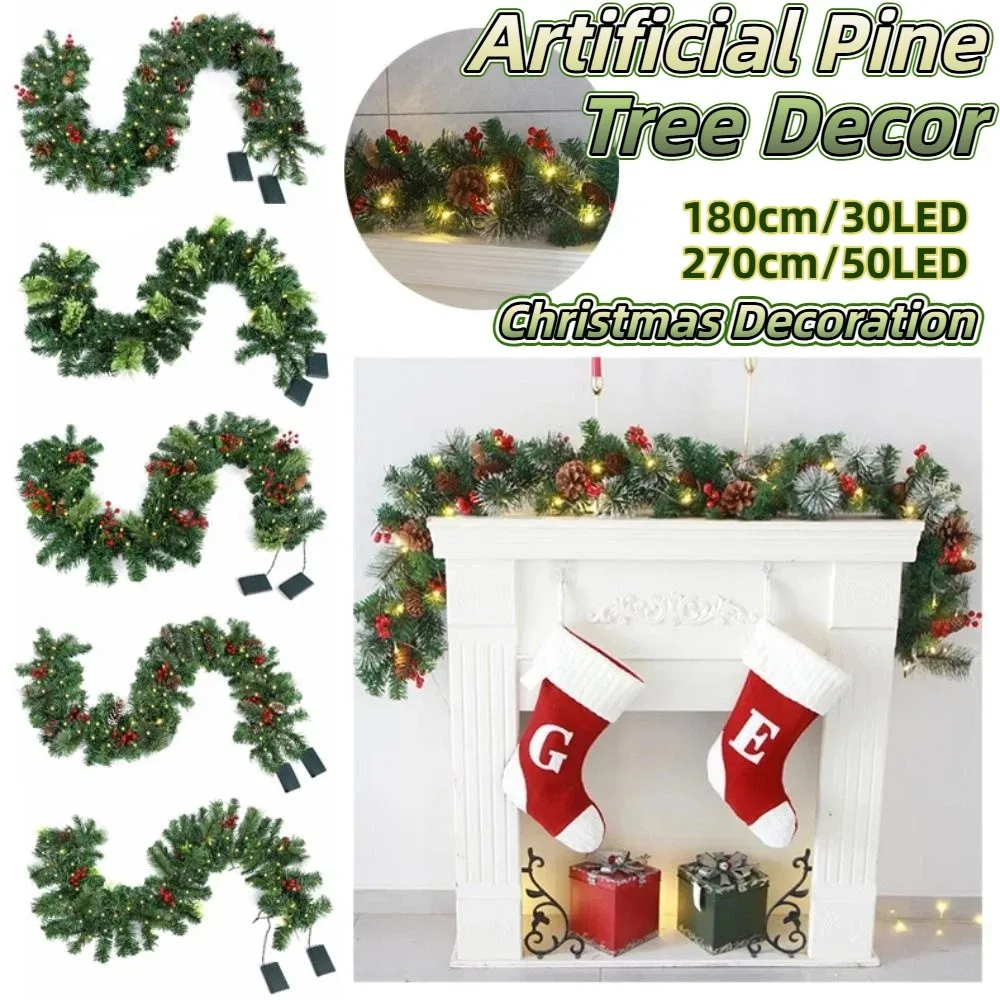 

Creative Artificial Pine Tree Decor 1.8/2.7m Red Berries Realistic Green Garland 30/50 LED Lights Durable