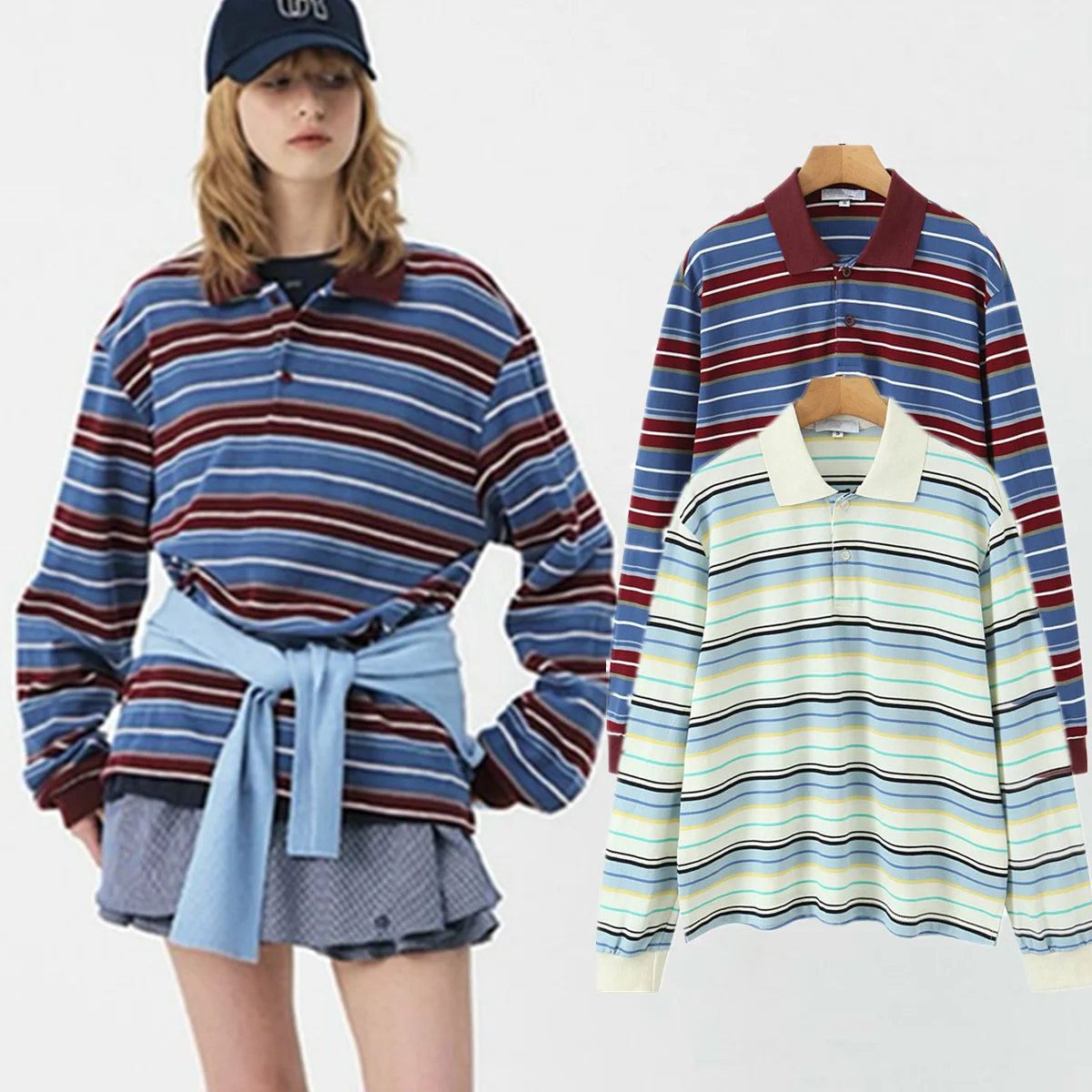 

Maxdutti French Lazy Cotton Striped Polo Shirt Minimalist Autumn Long Sleeved T-shirt Women's Couple Retro Pullover Top