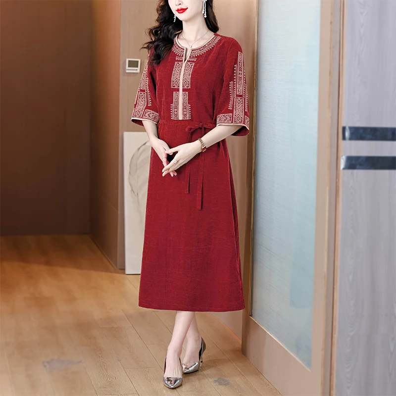 여름 정장 행사 실크 새틴 럭셔리 미디 드레스 여성 빈티지 자수 비치 보헤미안 드레스 2025 우아한 캐주얼 파티 드레스