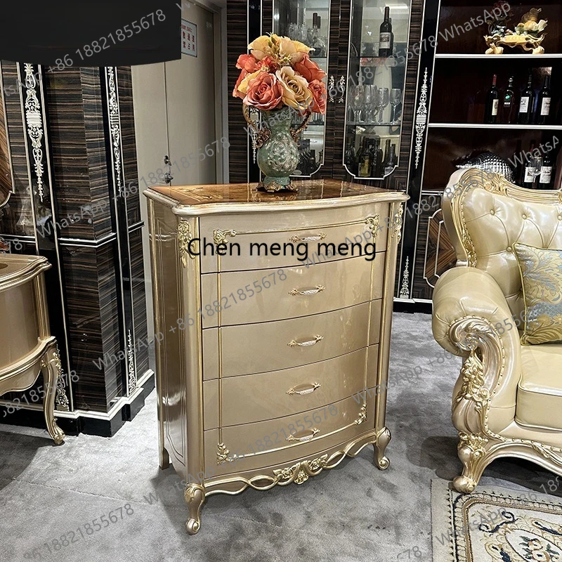 

French solid wood chest of drawers, European-style engraved champagne gold drawer storage cabinet, living room
