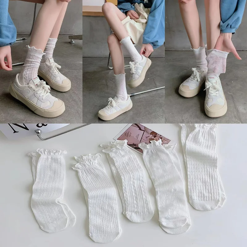 Summer Sweet Ultra Thin White Lace Socks Women\'s Medium Tube JK Japanese Lolita Stacking Socks Breathable Versatile Socks