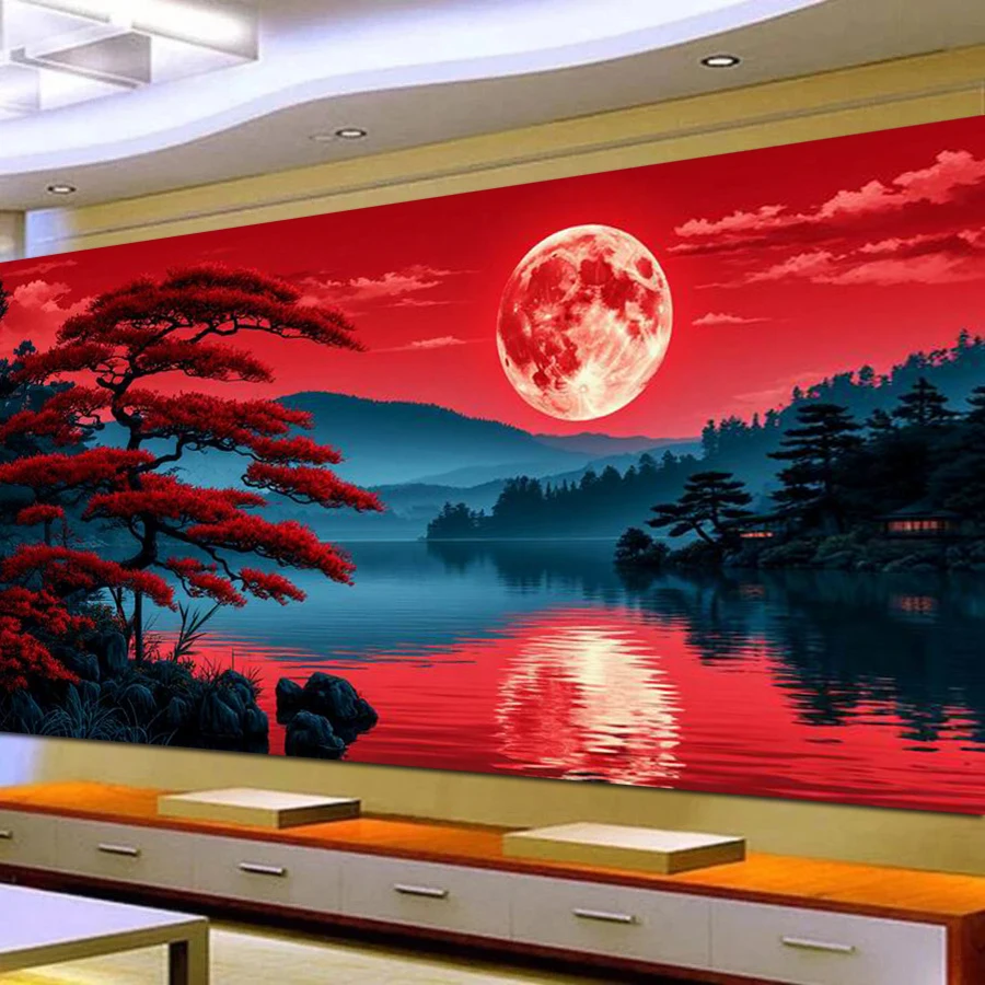 

Red Sky Lake Scenery Large Size Diy Diamond Painting Kits Landscape Full Drill Pure Handmade Art Mosaic Embroidery Picture