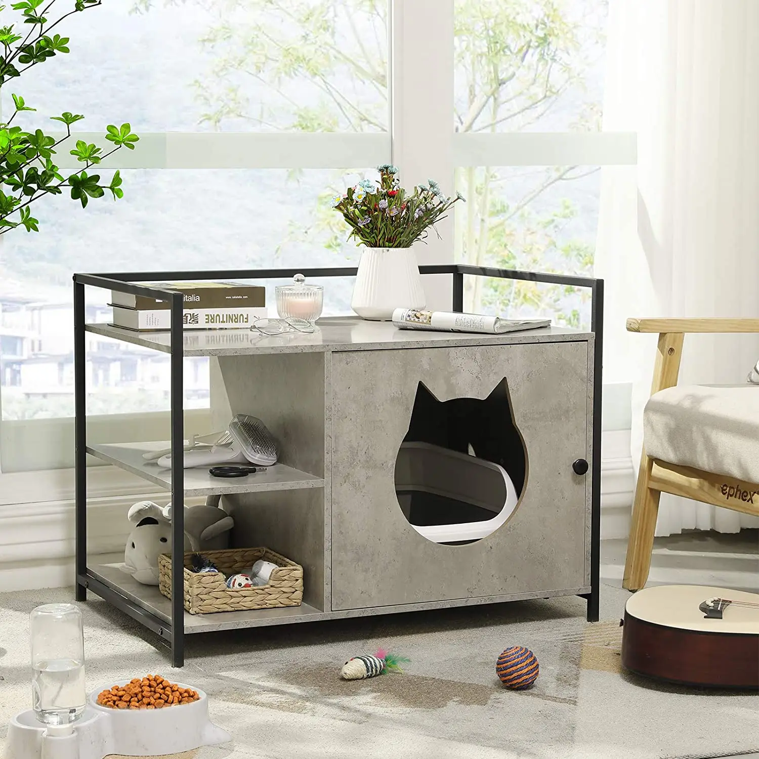 Large Hidden Cat Litter Pet Furniture Cabinet, Privacy Cat Washroom Bench, Cat Dog House Table Nightstand With Iron And Wood