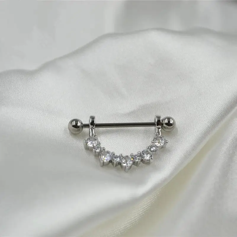قطعتان من حلقات الحلمات التيتانيوم الجراحية - أثقال مستقيمة وشكل على شكل حرف U مستدير مع الزركون |   مجوهرات ثقب الثدي النسائية المثيرة