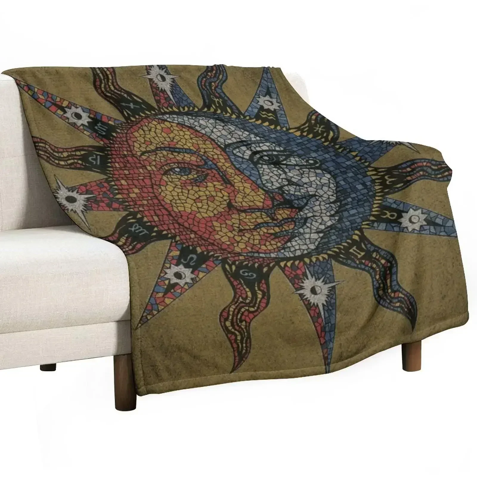 Vintage Celestial mosaic Sun & Moon Throw Blanket Winter beds Bed covers Blankets