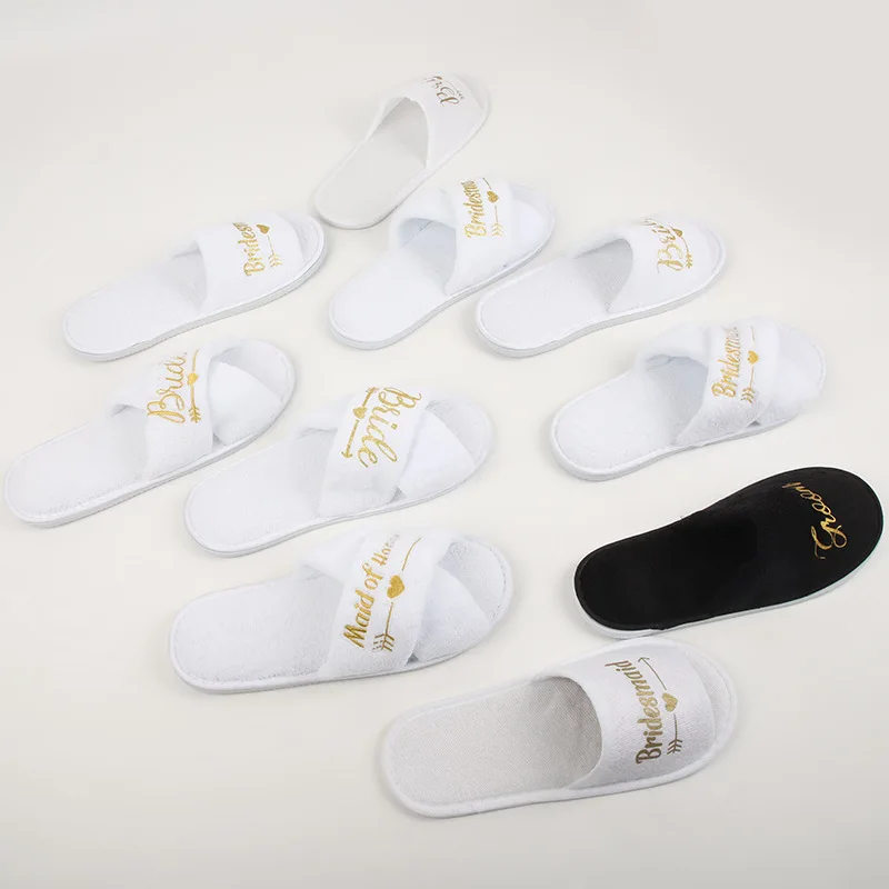 

Wedding Party Guests Home Slip-on Letter Print Shoes, For Bride And Bachelorettes Bridal Party Cross Strap Slippers Wholesale