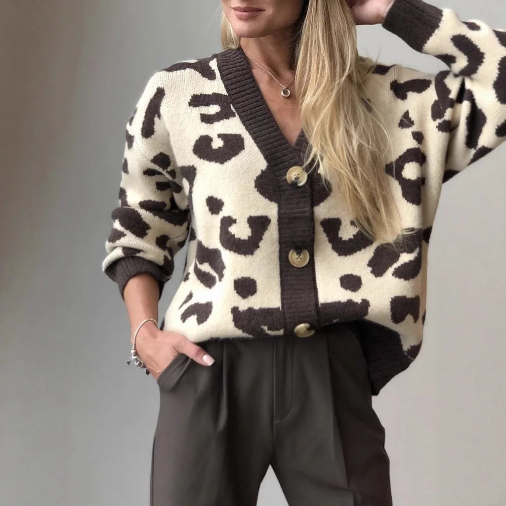 

Ladies' Loose Knitted Cardigan Autumn New Style Lazy Fashion Outerwear Leopard Print Sweater Trendy Top Layered Look