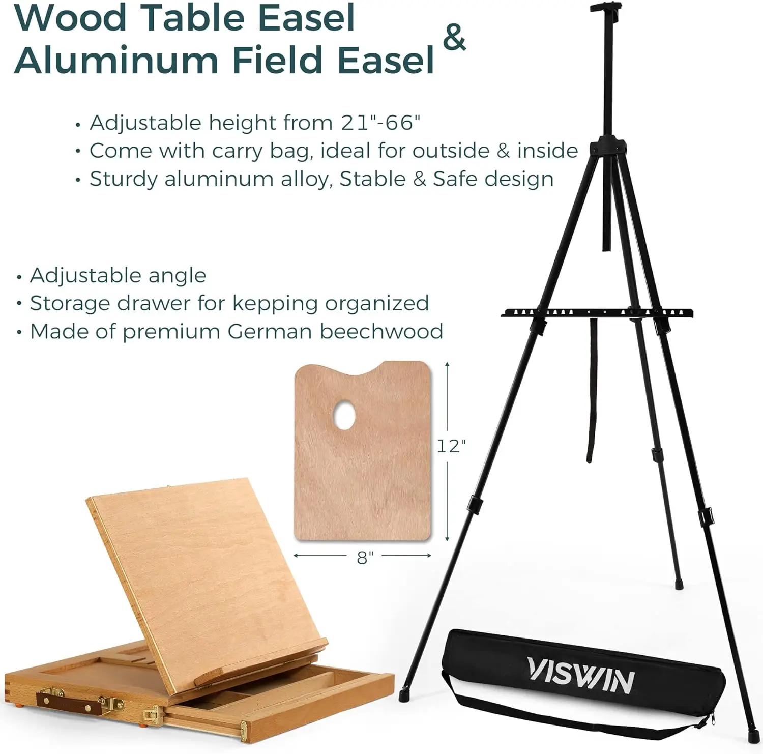 Viswin All-In-One Art Painting Set With Aluminum & Beech Wood Easel, 96 Acrylic, Watercolor & Oil Paint Set, Canvases, Painting