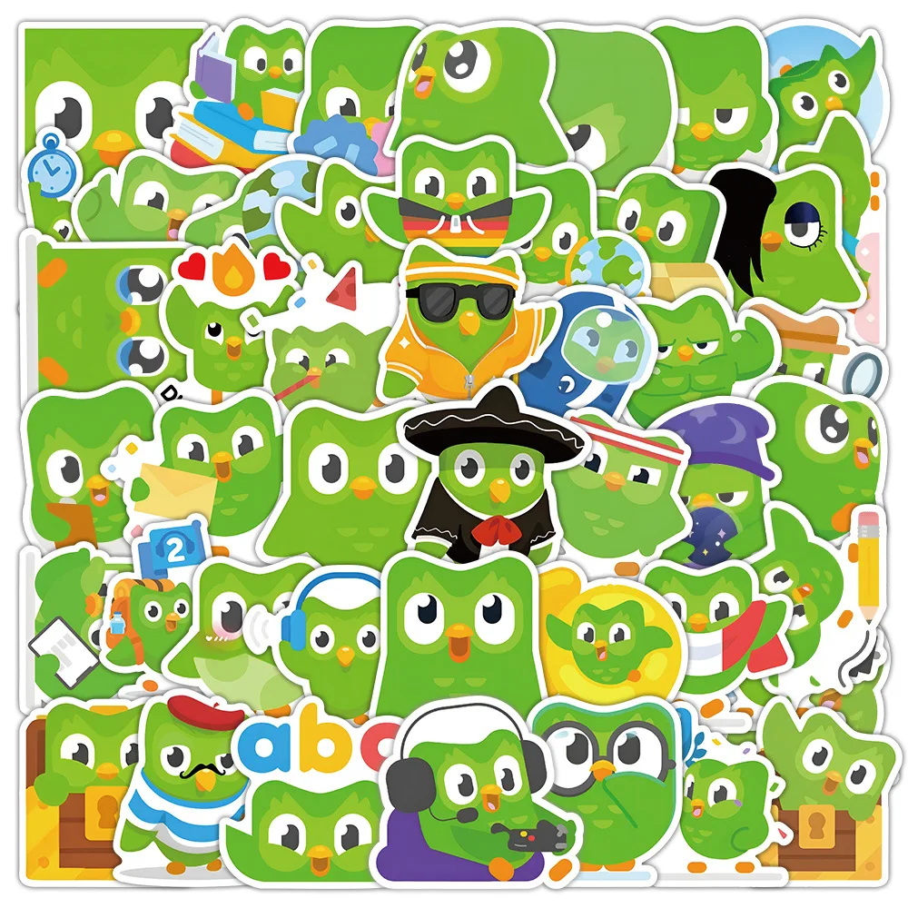 

10/53PCS Learning Software Duolingo Stickers Cute Fun Green Bird Doodle Decoration Pencil Box Bookshelf Desk Stickers Toys