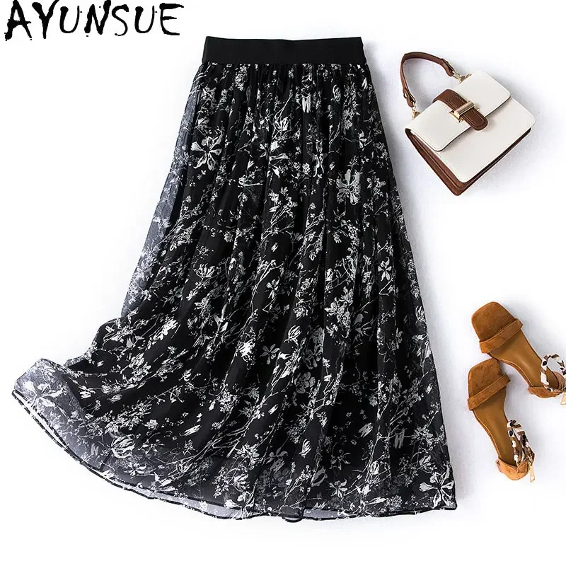 

95% Mulberry Real Silk Skirts For Women New Summer Long Skirt Slim Thin Temperament Elastic Waist Floral Skirt Women's Clothing