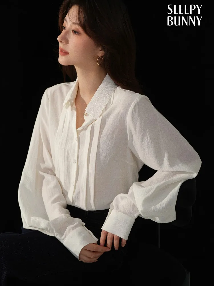 

Pleated Embroidered Collar Blouse for Women Elegant White Long Sleeve Shirt Sweet Commuter Top Soft Fabric Office Layering Wear