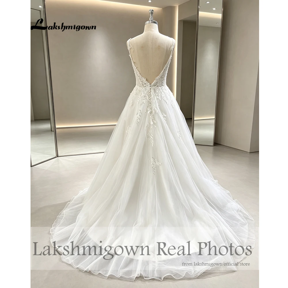 Lakshmigown Hochzeitskleid mit tiefem V-Ausschnitt, perlenbesetzten Spaghettiträgern, bestickter Spitze, Brautkleider, echte Fotos, individuell anpassbar. – Detail 7