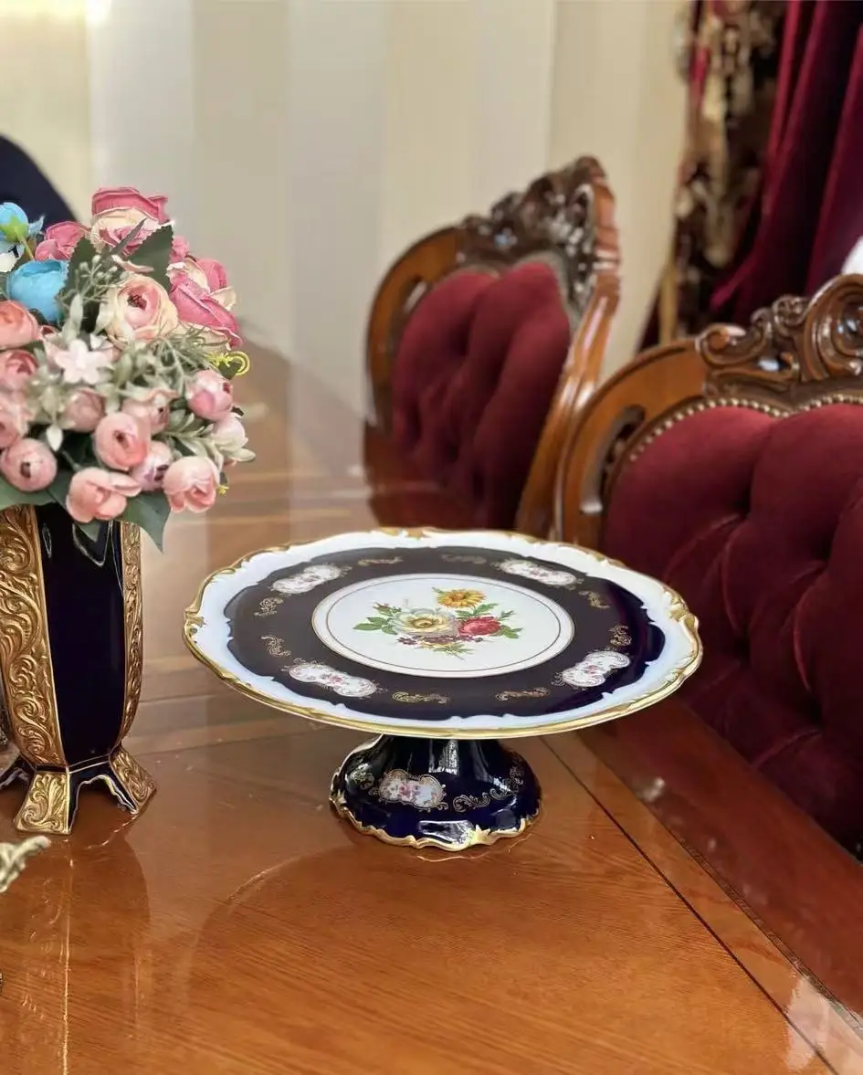 Vintage Cobalt Blue Cake Plate Handmade Flat Plate High Foot Plate