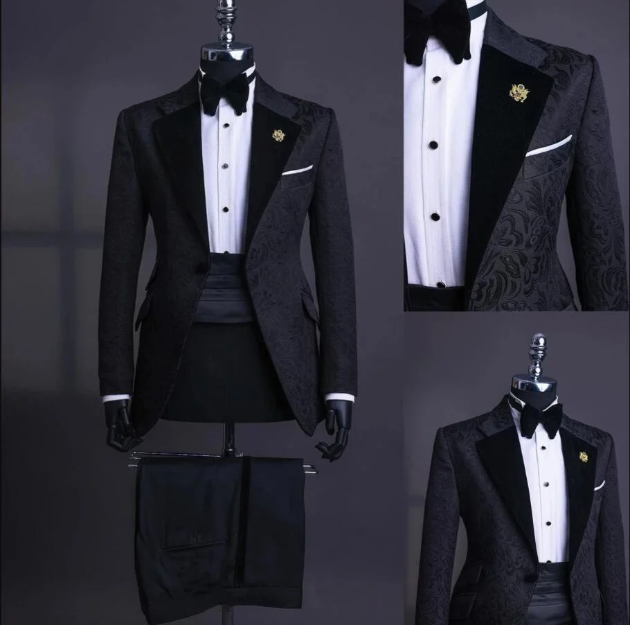 Custom Fashion Black jacquard Wedding For Suits Mens groom Formal prom Male Blazers pants COSTUME homme Traje masculino 양복 세트남