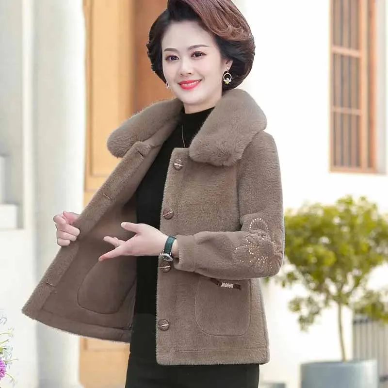 Ladies Long Sleeves Mink Fur Tops Overcoat Female Golden Mink Jacket Middle Aged Mother Fashion Large Size 5XL Wool Blend Coat