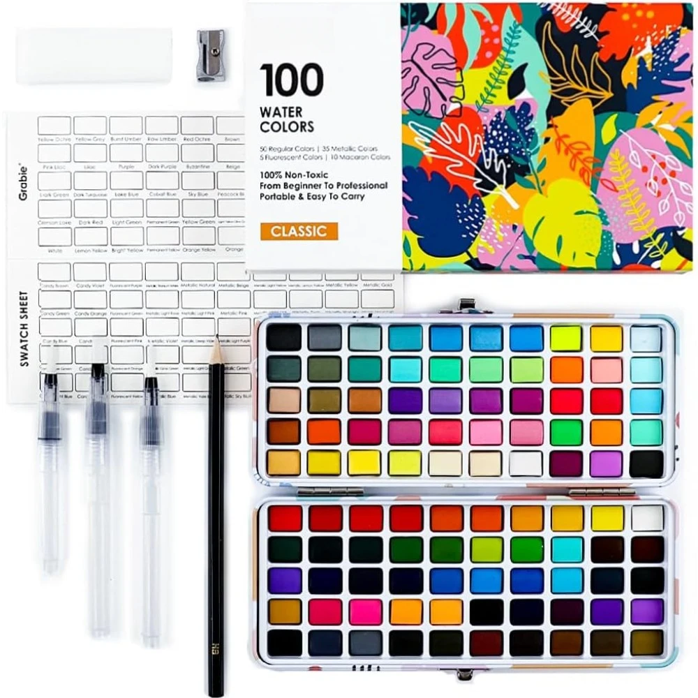 100 Watercolor Paint Set - 50 regular colors, 35 metallic colors, 10 macaron colors and 5 fluorescent colors