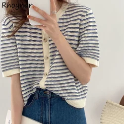 Strickjacke Frauen Sommer Atmungs Elegante Striped Trendy Neue Einreiher Kurzarm Gestrickte Jumper Weiblichen Oansatz Zart BF