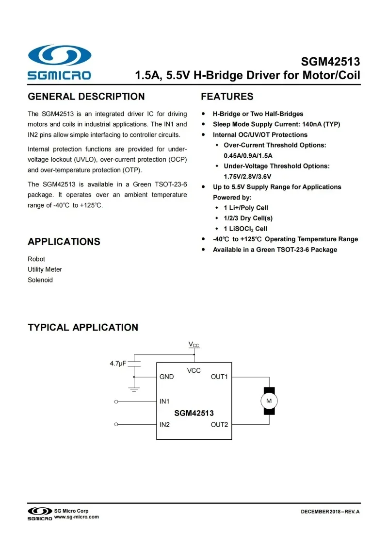 10Pcs/Lot SGM42513B-1.75XTN6G/TR TSOT-23-6,Marking: MOA**,1.5A,5.5V H-Bridge Driver for Motor/Coil