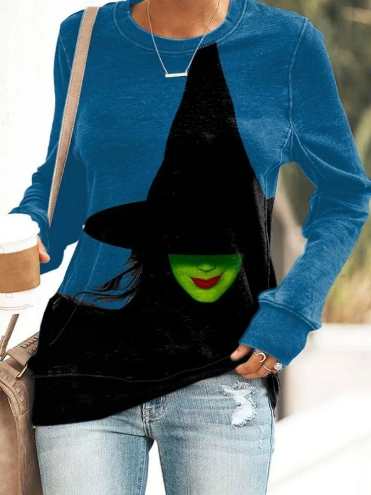 

Witch Print 3D Crew-neck Hoodie Women's Hoodie Green Halloween Long-Sleeved Hoodie Sweatshirt