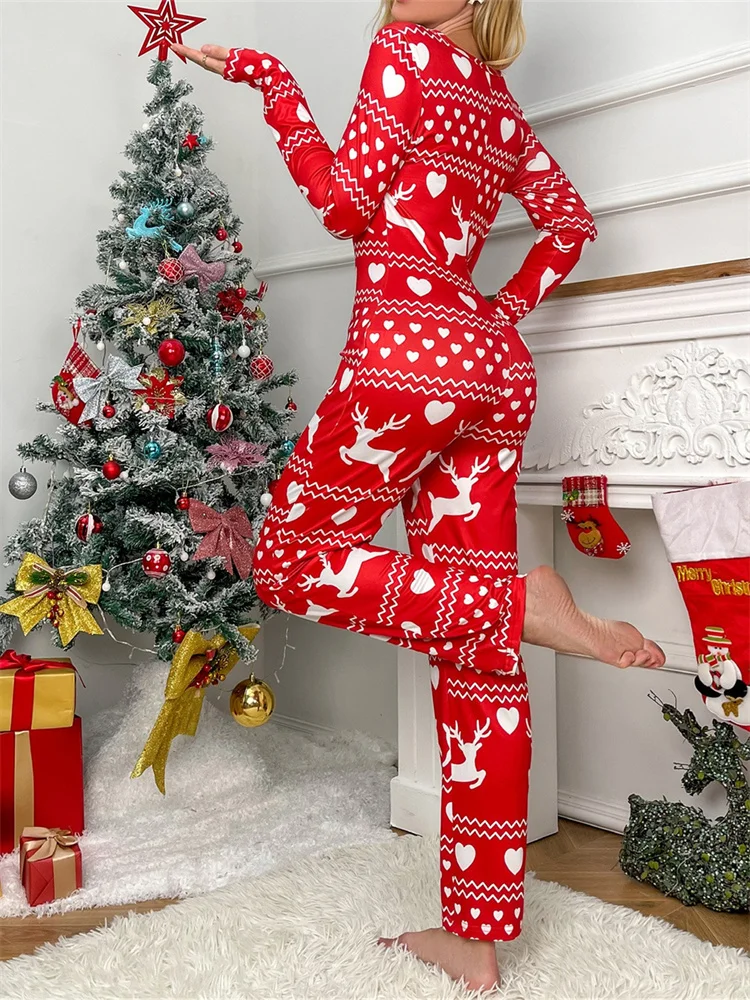 CHRONSTYLE Women Christmas Rompers Pajamas Long Sleeve V Neck Cartoon Snowflake Elk Print Button Up Long Homewear Jumpsuits 2022