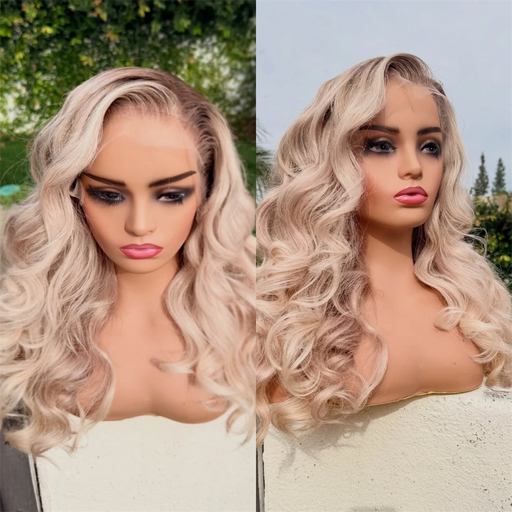 Free Part Ombre Creamy Blonde Wig Synthetic Fibre Mixed Human Hair Wig High Temperature Fiber Wig Preplucked Hairline 24 Inches