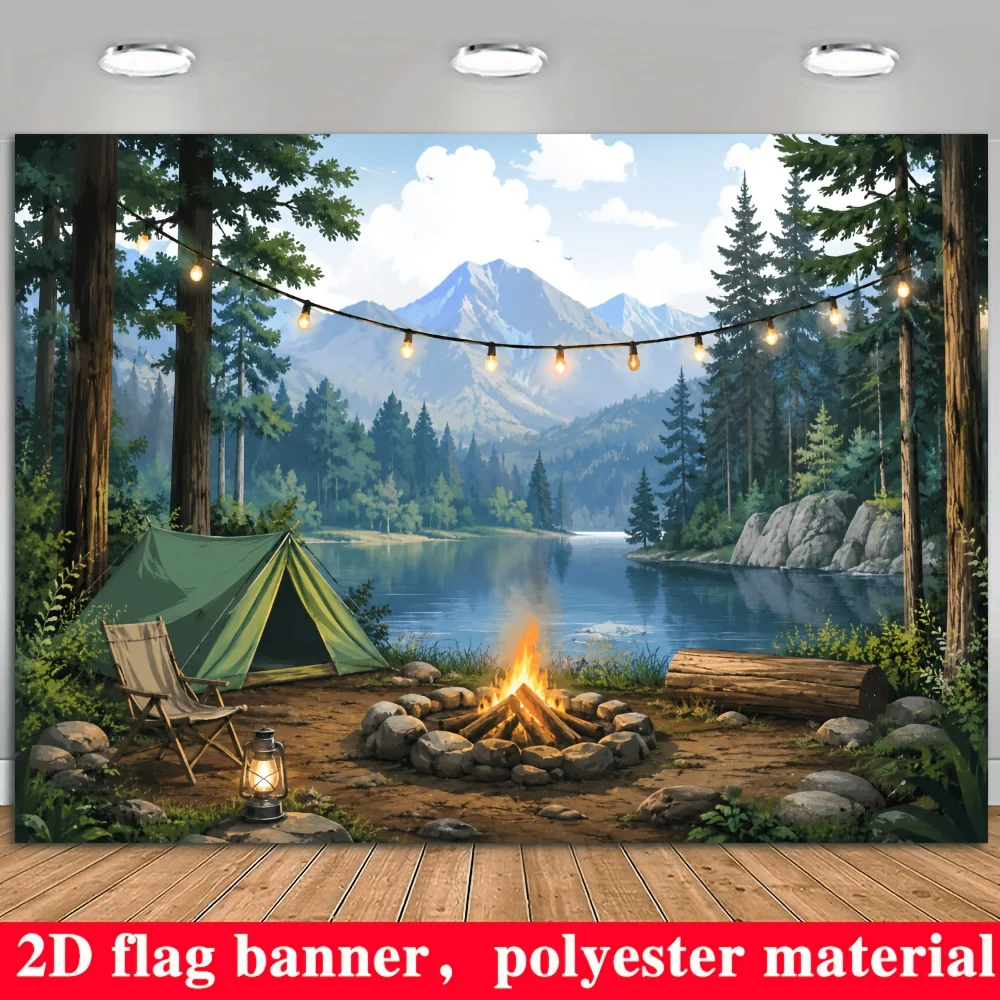 Camping Tent Lake Mountain Tapestry 2D Flat Outdoor Adventure Wall Hanging for Living Room Bedroom Nature Decor Fabric Poster