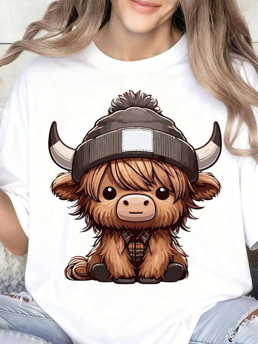 

Cute Highland Cow In Beanie And Plaid Scarf Graphic T-Shirt Unisex Casual Adult Wear