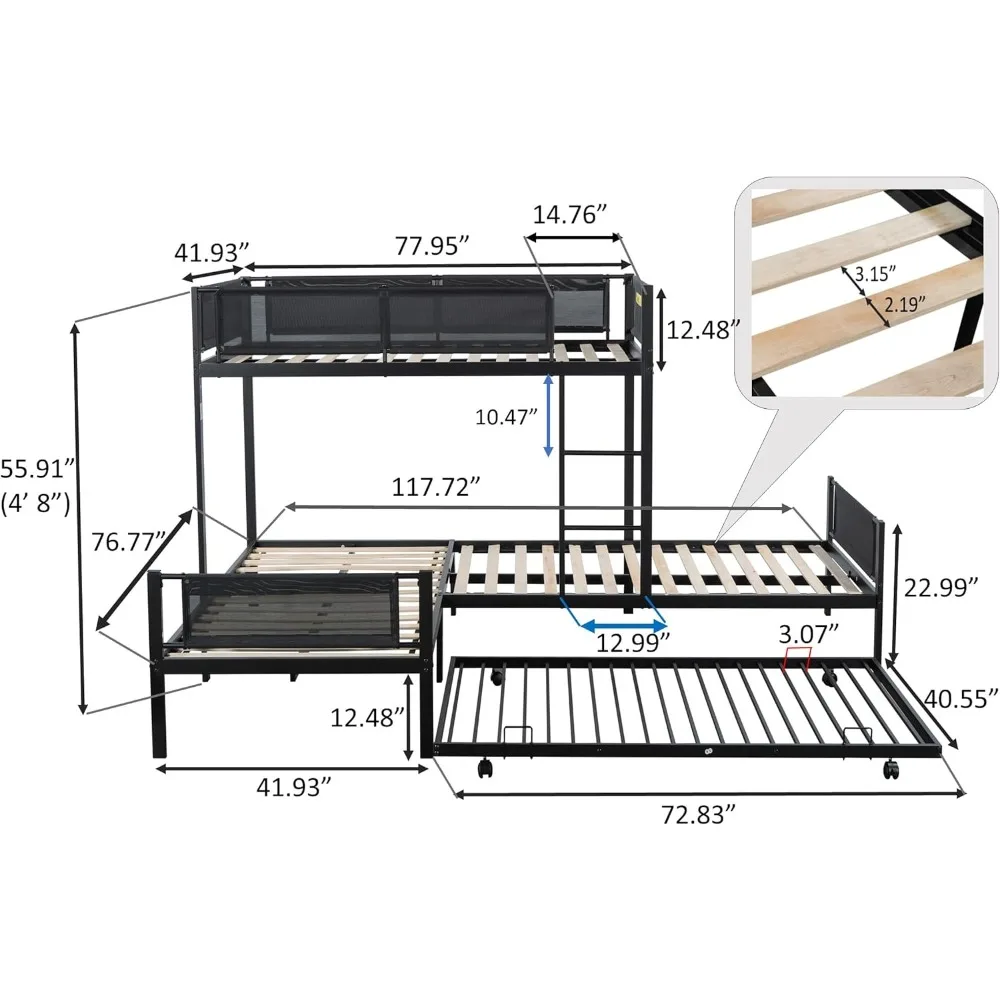 سرير ثلاثي بطابقين على شكل حرف L مع دولاب لـ 4 أولاد/بنات/بالغين، أسرة معدنية قوية رباعية بطابقين مزدوجة فوق التوأم مع نسيج آمن Gua #2