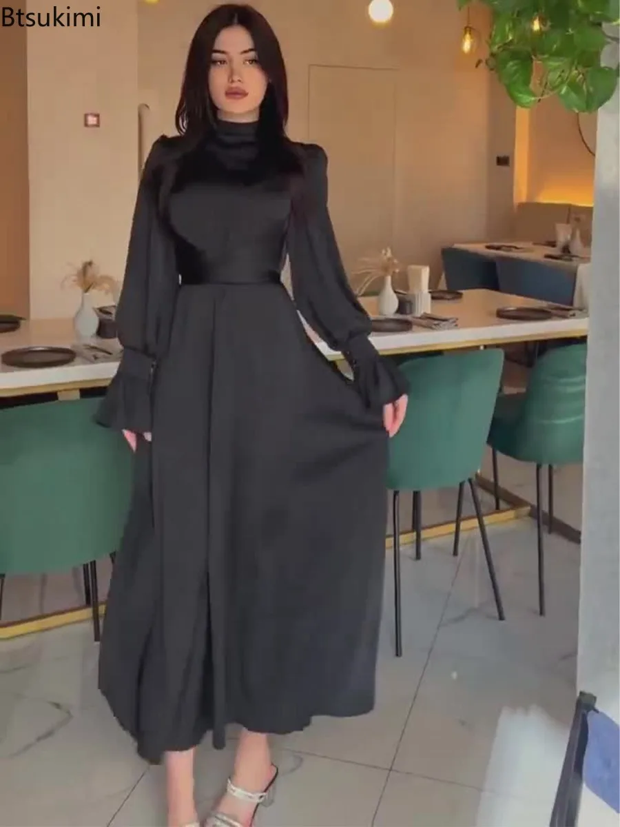 2025Spring New Satin Evening Dresses Women Elegant Lace Up Lantern Sleeve Maxi Dress Fashion Party Vestidos Dubai Arab Long Robe