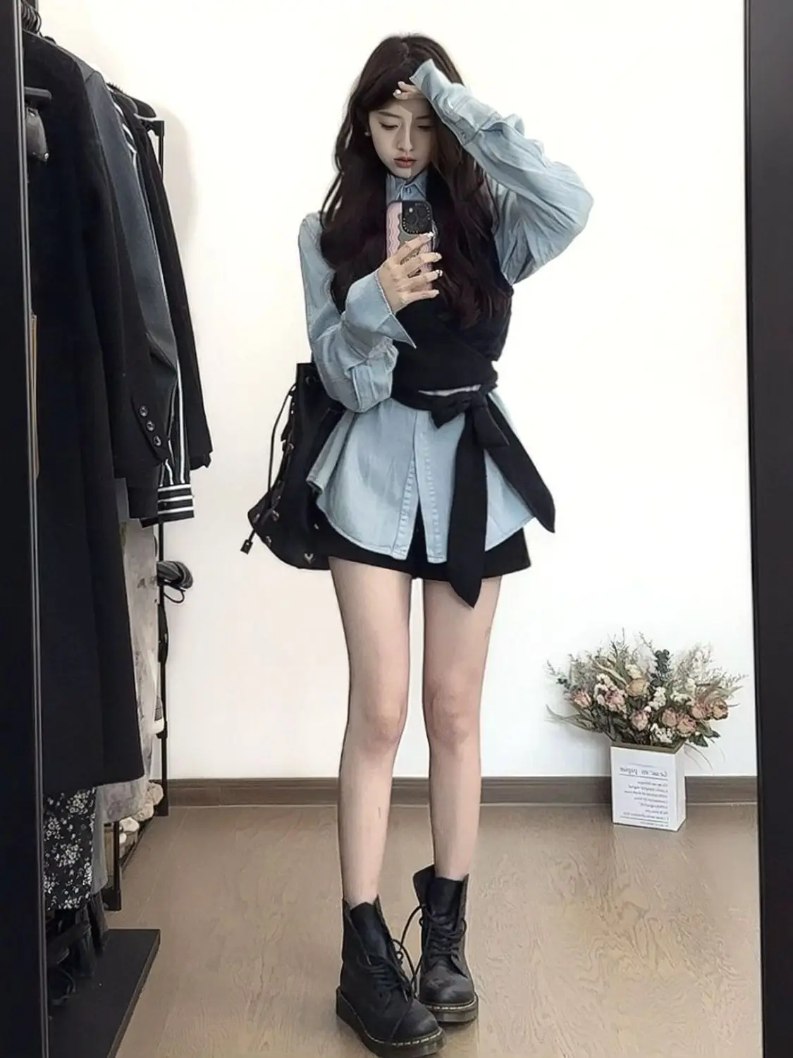 Fall New Style Women's Two-Piece Set Ultra-Fairy Thin Waist-Cinching Wrap Top Denim Shirt Layering Fashion Ensemble