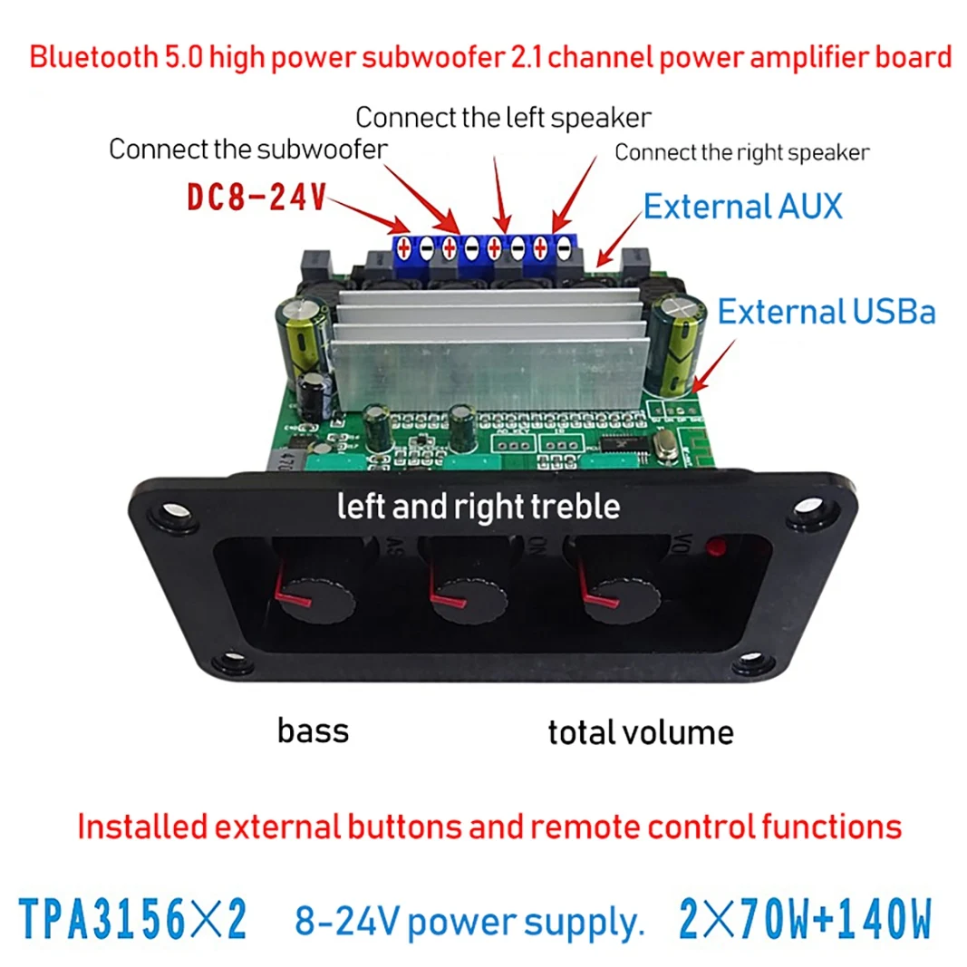 Tpa3156d2 2.1 canais bluetooth 5.0 placa amplificador digital 2x 70w + 140w subwoofer de alta potência classe d amplificador DC8V-24V