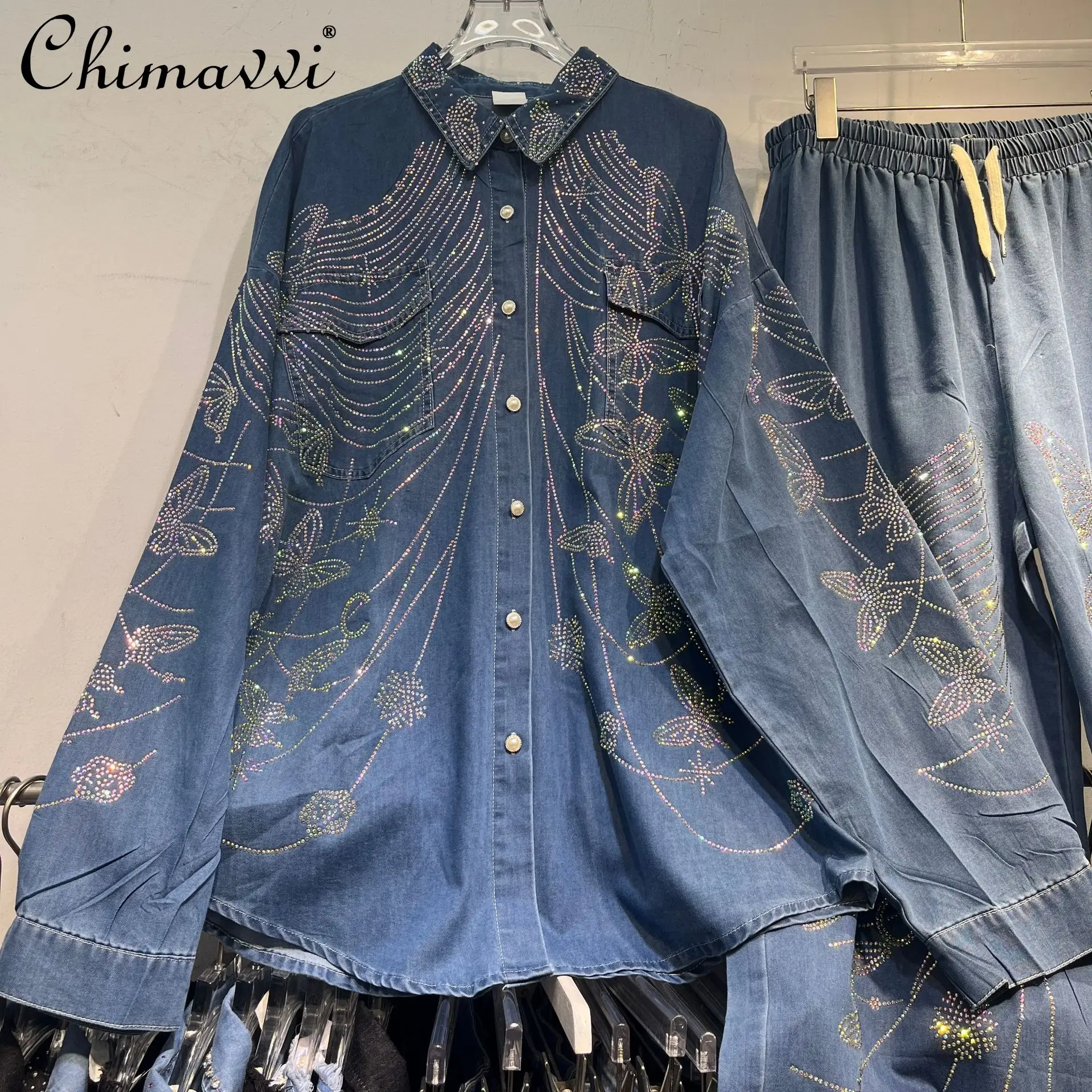 Autumn New Heavy Butterfly Hot Diamond Long-sleeved Denim Shirt Women's High-end Wide-leg Pant Set High Street Two-piece Sets