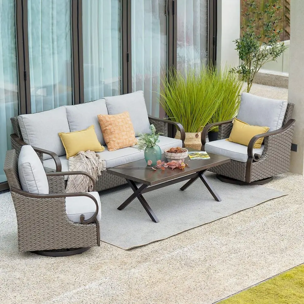 

4-Piece Outdoor Patio Furniture Set - Swivel Rocking Chairs with Coffee Table, Wicker with Woodgrain Finish, Ponce Harbor Brown