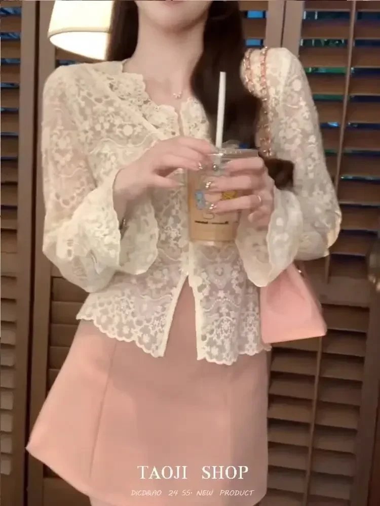 

Роскошные элитные рубашки, французский многослойный кружевной топ, женские блузки с длинными рукавами, короткая блузка, нижняя рубашка, верхняя одежда с открытыми пуговицами