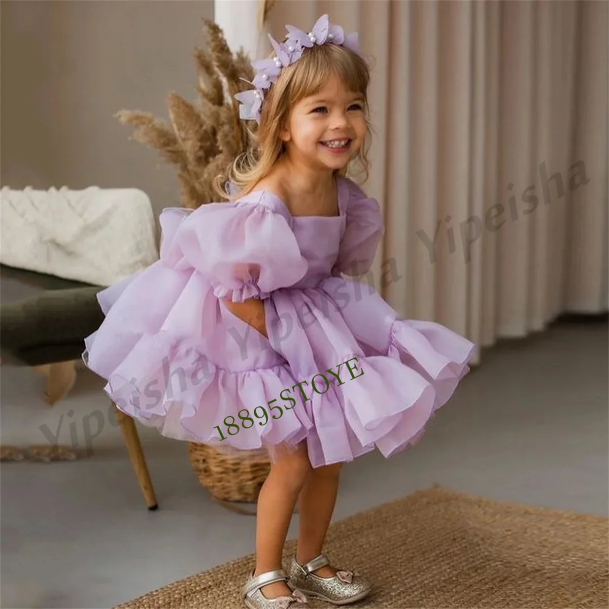 

Cute Baby Girl Organza Flower Dress Princess Party Gown Short Sleeves O Neck Puffy Birthday Communion Dresses for Christmas