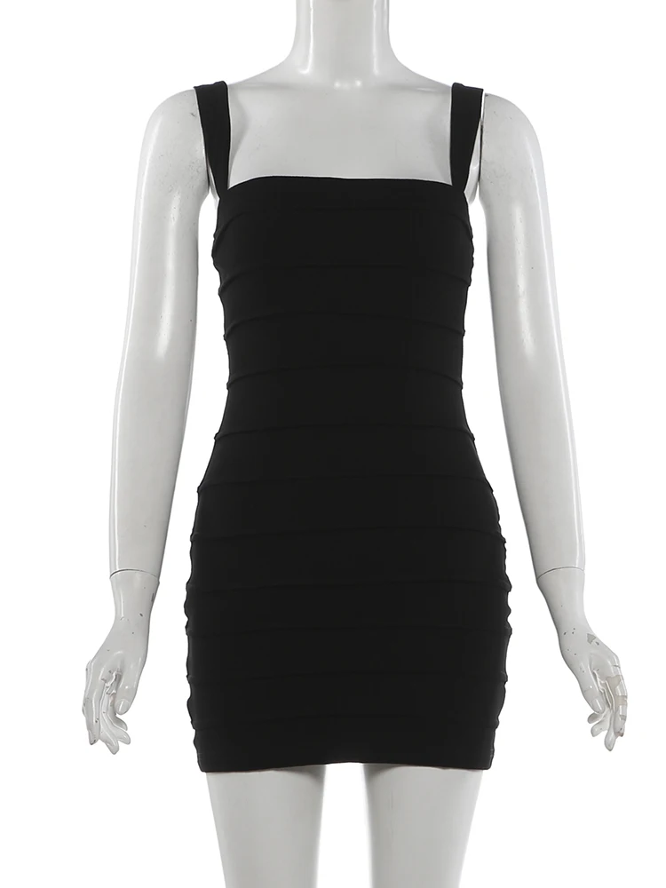 Weird Puss Kleid mit quadratischem Kragen für Damen, mit Ziernähten, ärmellos, einfarbig, sexy, elegant, süßer Stil, schmal geschnitten, für Sommerpartys, Mini-Bodycon – Detail 7