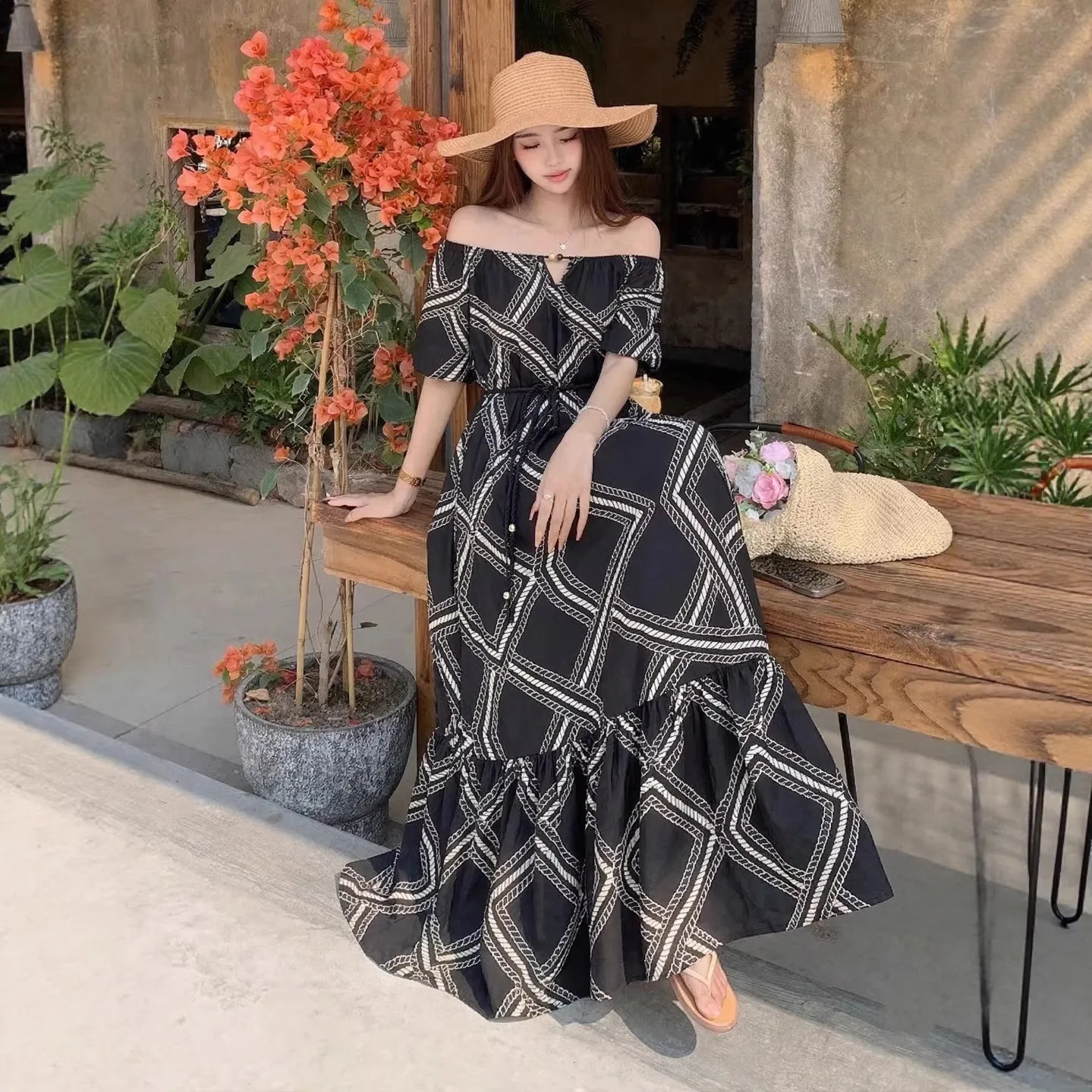 

Women's Off Shoulder Geometric Print Maxi Dress Puff Sleeve Bohemian Vacation Long Dress