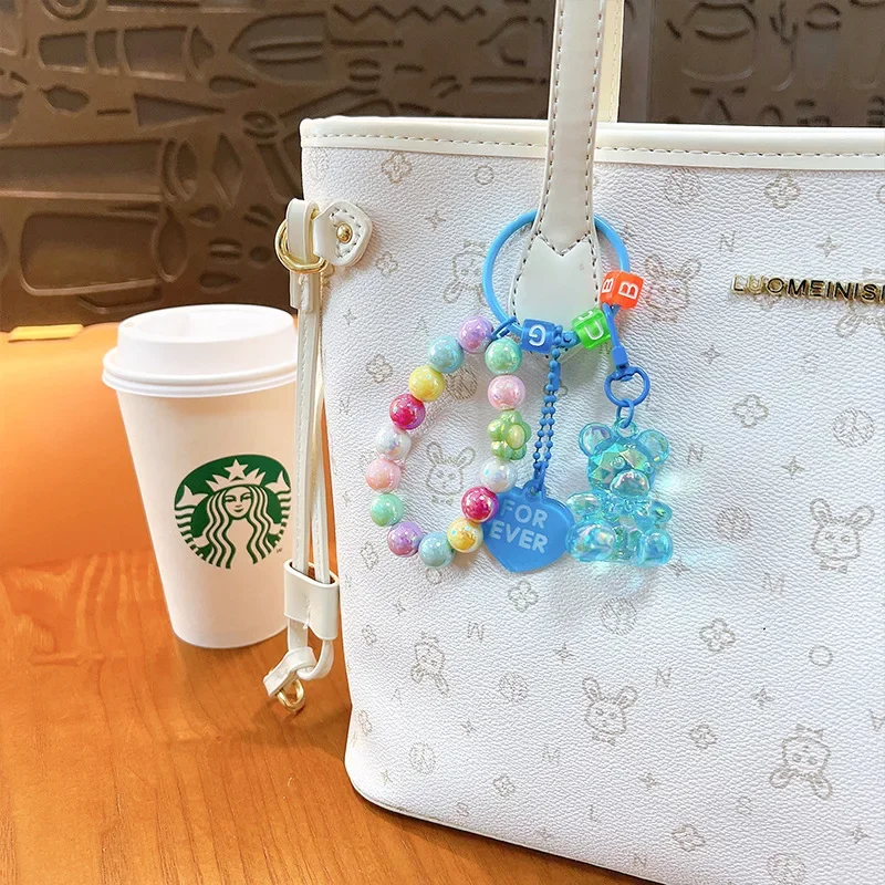 Creative acrylic beaded sitting bear key chain pendant exquisite bag accessories car key chain gift