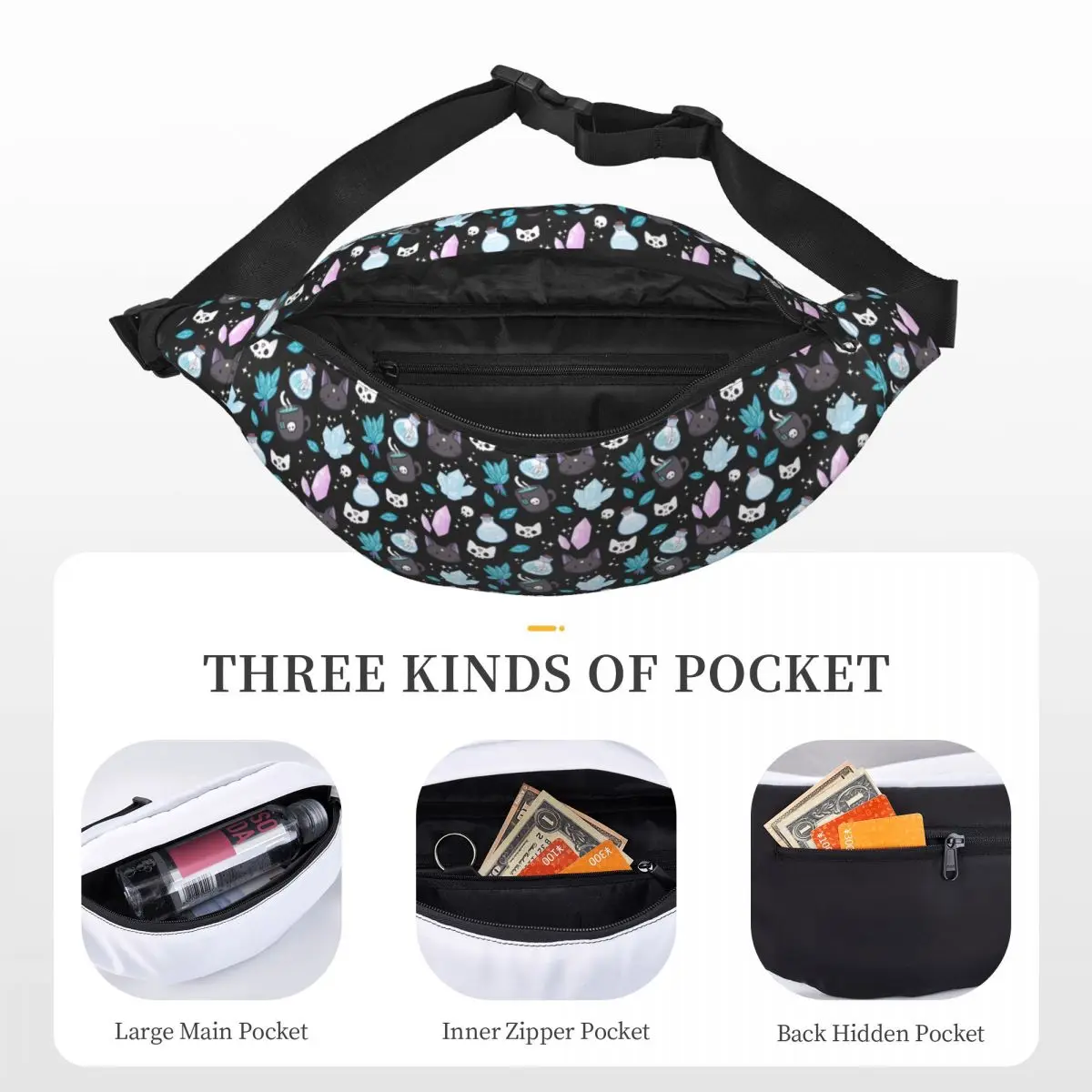 Custom Gothic Halloween Witch Cat Skull Fanny Pack Men Women Cool Sling Crossbody Waist Bag for Camping Biking Phone Money Pouch