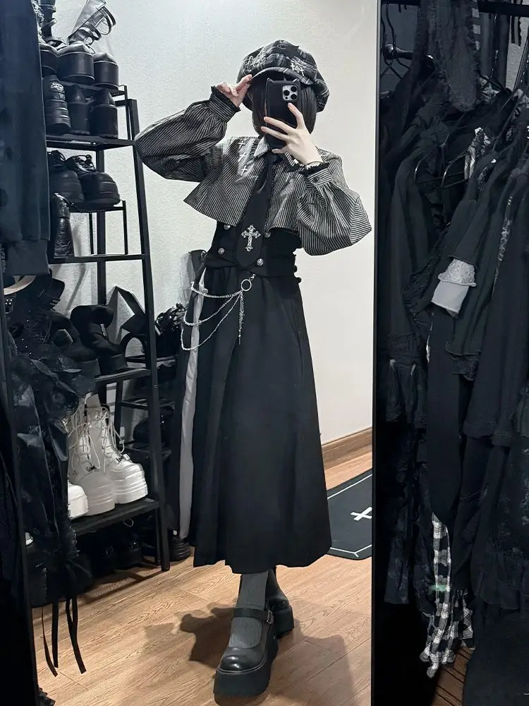 New Subculture Gothic Vintage 2 Piece Set Women Retro Y2k Long Sleeve Tops Blouse + High Waist Retro Skirt Harajuku Chic Outfits image 3