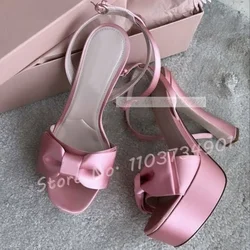 Pink Silk Bowknot Platform Sandals Women Sweet Real Leather Block High Heels Elegant Sandals Fashion Party Open Toe Satin Shoes
